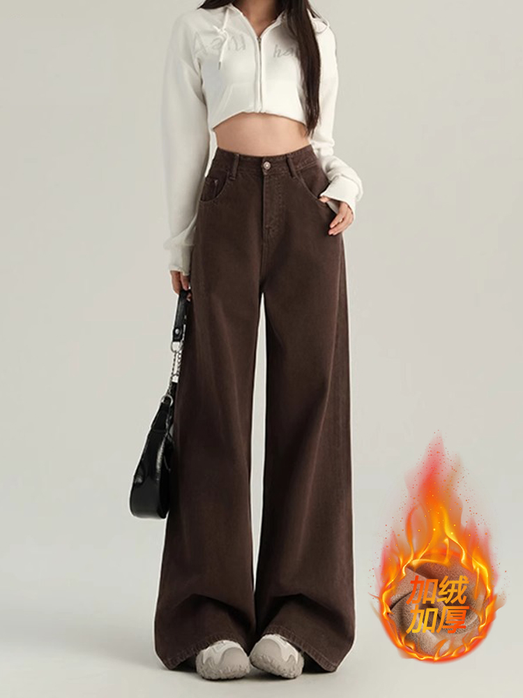 2025 Women's Coffee-Colored Fleece-Lined Wide-Leg Jeans, High-Waisted Slim-Fit, Autumn Winter Fashion, Loose Straight-Leg Pants 2025 Women's Coffee-Colored Fleece-Lined Wide-Leg Jeans, High-Waisted Slim-Fit, Autumn Winter Fashion, Loose Straight-Leg Pants
