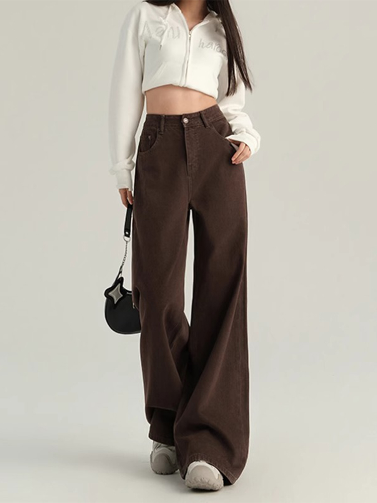 2025 Women's Coffee-Colored Fleece-Lined Wide-Leg Jeans, High-Waisted Slim-Fit, Autumn Winter Fashion, Loose Straight-Leg Pants 2025 Women's Coffee-Colored Fleece-Lined Wide-Leg Jeans, High-Waisted Slim-Fit, Autumn Winter Fashion, Loose Straight-Leg Pants
