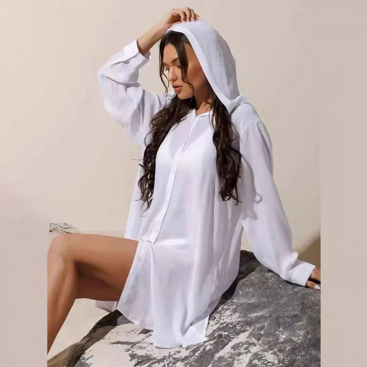 2025 Women's Loose Long Sleeve Sun Protection Hoodie Beach Dress Cover-Up for Swimsuit and Bikini, Casual Summer Style