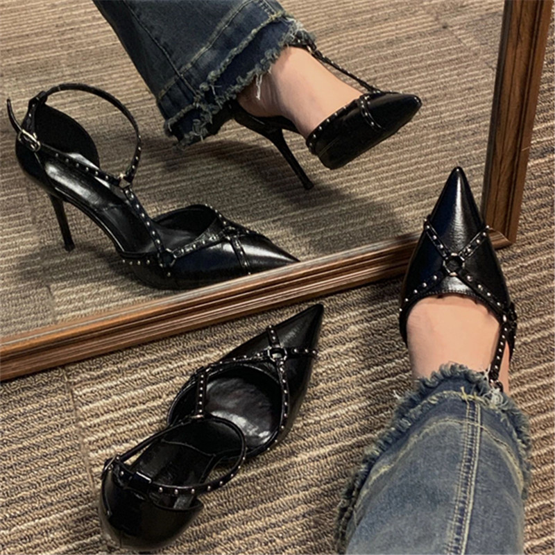 2025 Women's Retro Pointed Toe Rivet High Heels - Punk Style Single Strap Thin Heels Sandals for Fashion-Forward Looks