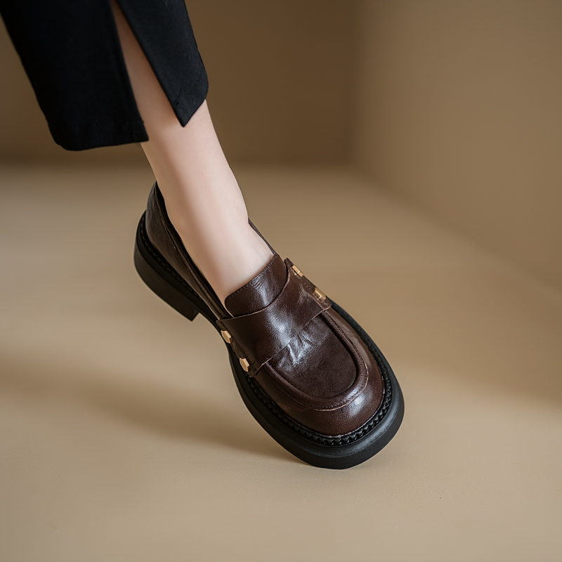 2025 Women's Thick-Soled Loafers with Chunky Heels, Retro British Style Slip-On Leather Flats, Genuine Leather College Shoes 2025 Women's Thick-Soled Loafers with Chunky Heels, Retro British Style Slip-On Leather Flats, Genuine Leather College Shoes