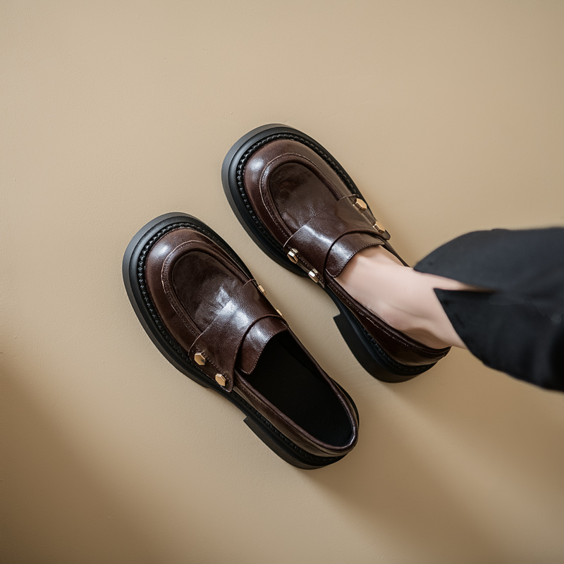 2025 Women's Thick-Soled Loafers with Chunky Heels, Retro British Style Slip-On Leather Flats, Genuine Leather College Shoes 2025 Women's Thick-Soled Loafers with Chunky Heels, Retro British Style Slip-On Leather Flats, Genuine Leather College Shoes