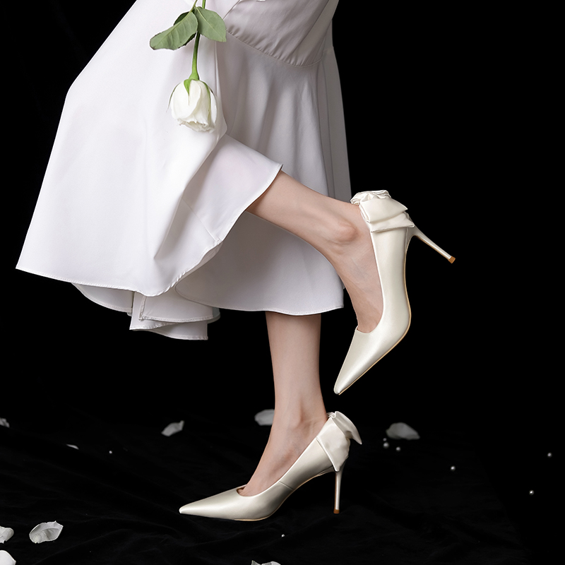 2025 Women's White French High Heels with Bow - Comfortable Bridal Wedding Shoes, Chic and Elegant Design