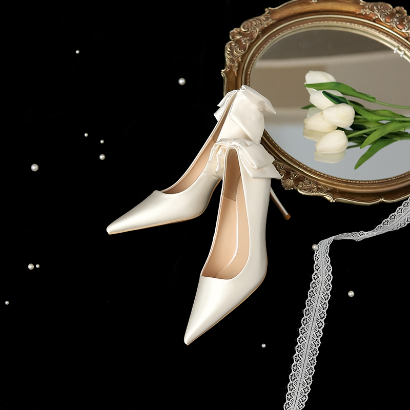2025 Women's White French High Heels with Bow - Comfortable Bridal Wedding Shoes, Chic and Elegant Design 2025 Women's White French High Heels with Bow - Comfortable Bridal Wedding Shoes, Chic and Elegant Design