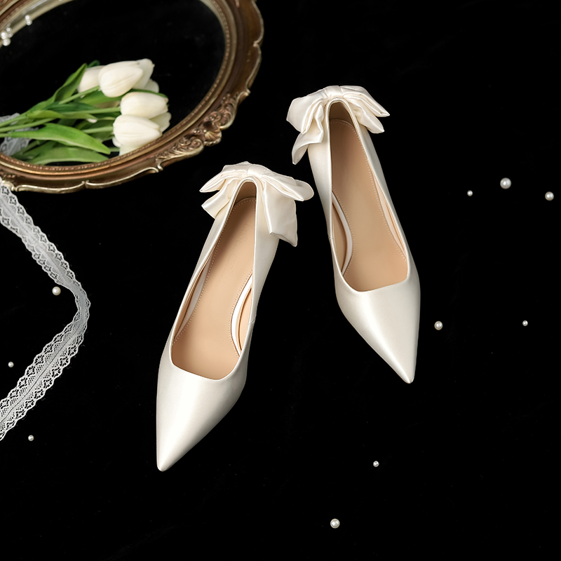 2025 Women's White French High Heels with Bow - Comfortable Bridal Wedding Shoes, Chic and Elegant Design 2025 Women's White French High Heels with Bow - Comfortable Bridal Wedding Shoes, Chic and Elegant Design