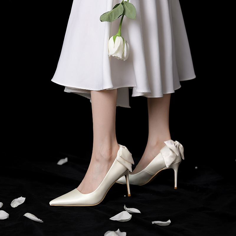 2025 Women's White French High Heels with Bow - Comfortable Bridal Wedding Shoes, Chic and Elegant Design 2025 Women's White French High Heels with Bow - Comfortable Bridal Wedding Shoes, Chic and Elegant Design