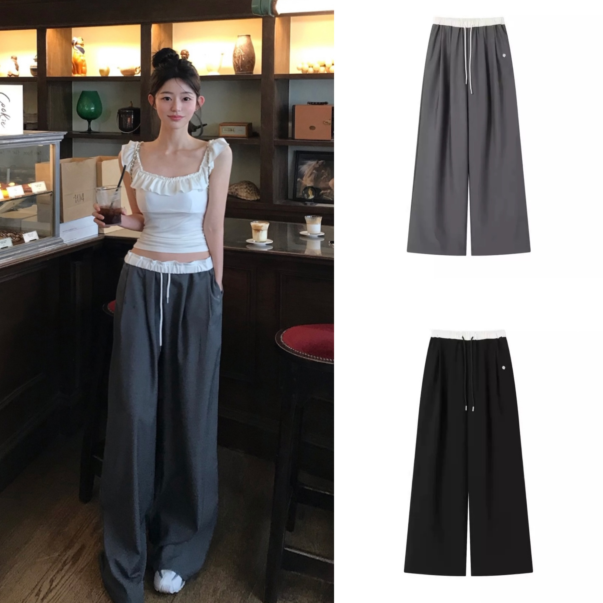 25 Summer Color-Block Ruffled Tie Casual Long Pants - Korean Style Straight Leg Design 25 Summer Color-Block Ruffled Tie Casual Long Pants - Korean Style Straight Leg Design