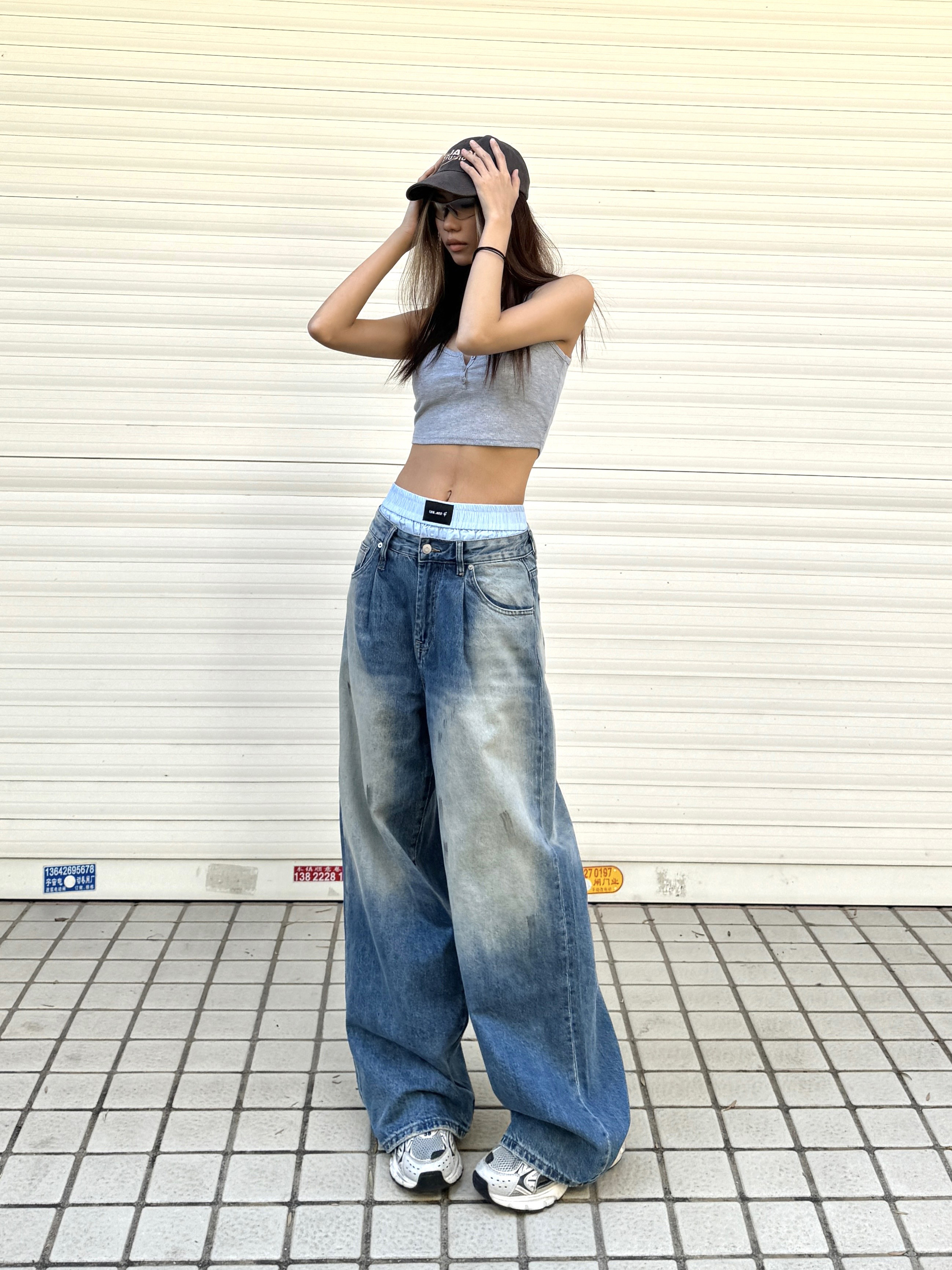 90s Inspired Loose Fit Tie-Dye Wide-Leg Jeans for Women - Retro Hip-Hop Street Style, Slimming Design, Casual Blue Wash