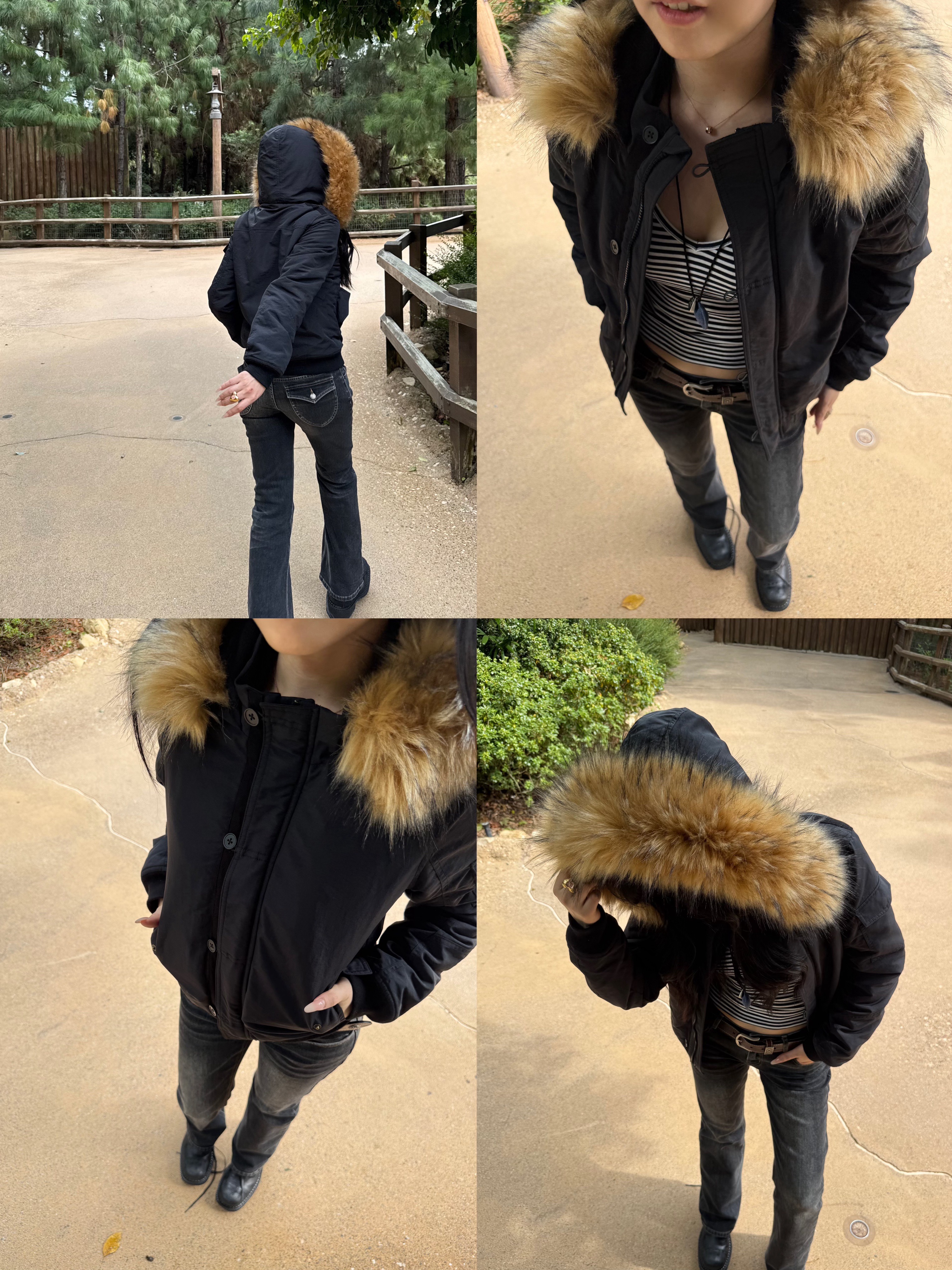 90s Vintage Two-Color Fur Collar Fitted Cotton Coat for Women - Retro Movie Style Outerwear