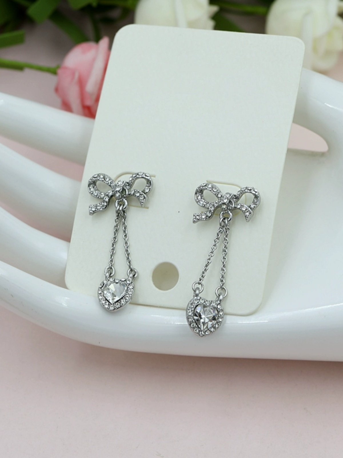 925 Silver Bowknot Stud Earrings with Heart Design, Hypoallergenic Full Diamond Hollowed-Out Jewelry for Women