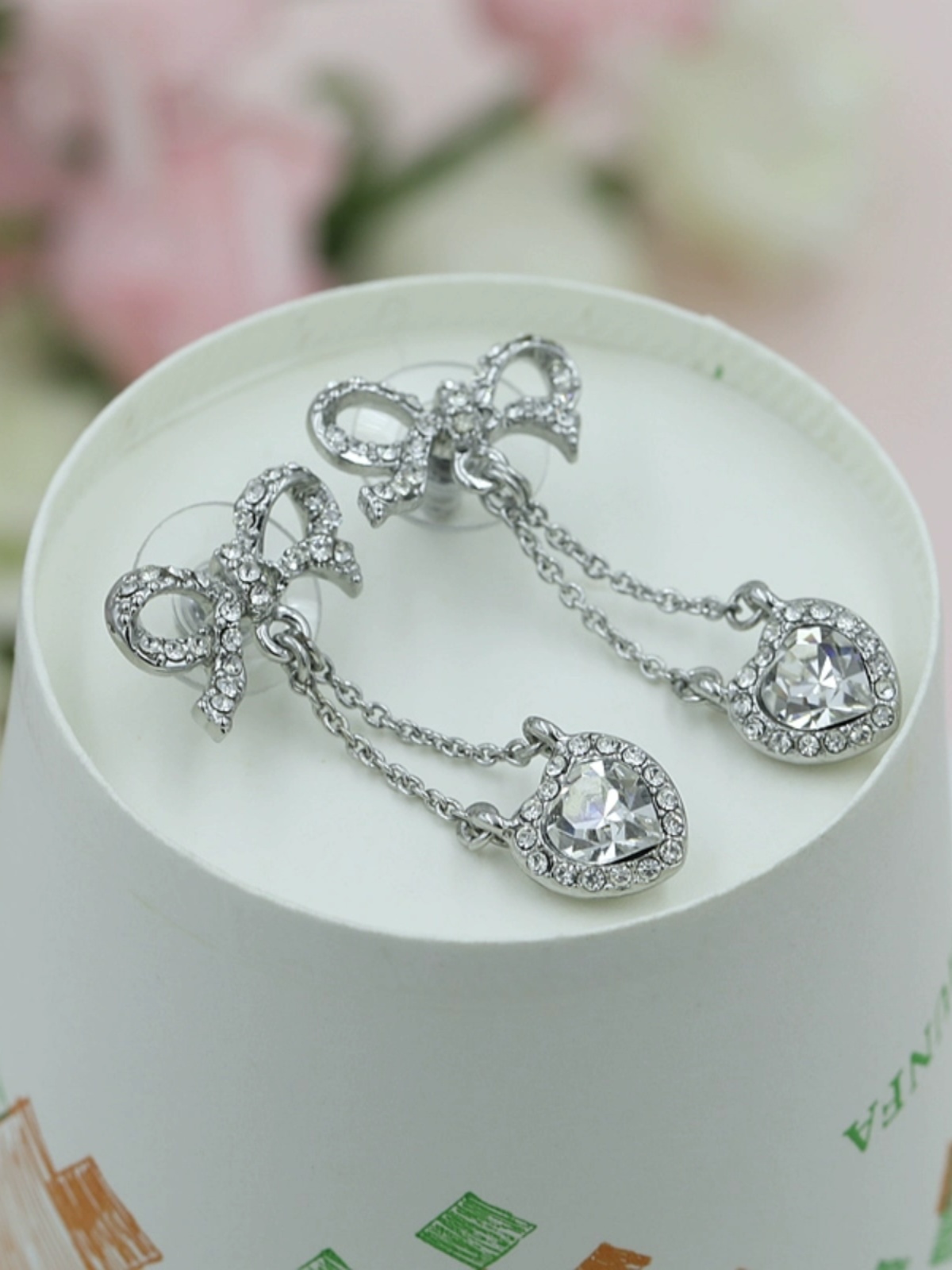 925 Silver Bowknot Stud Earrings with Heart Design, Hypoallergenic Full Diamond Hollowed-Out Jewelry for Women 925 Silver Bowknot Stud Earrings with Heart Design, Hypoallergenic Full Diamond Hollowed-Out Jewelry for Women