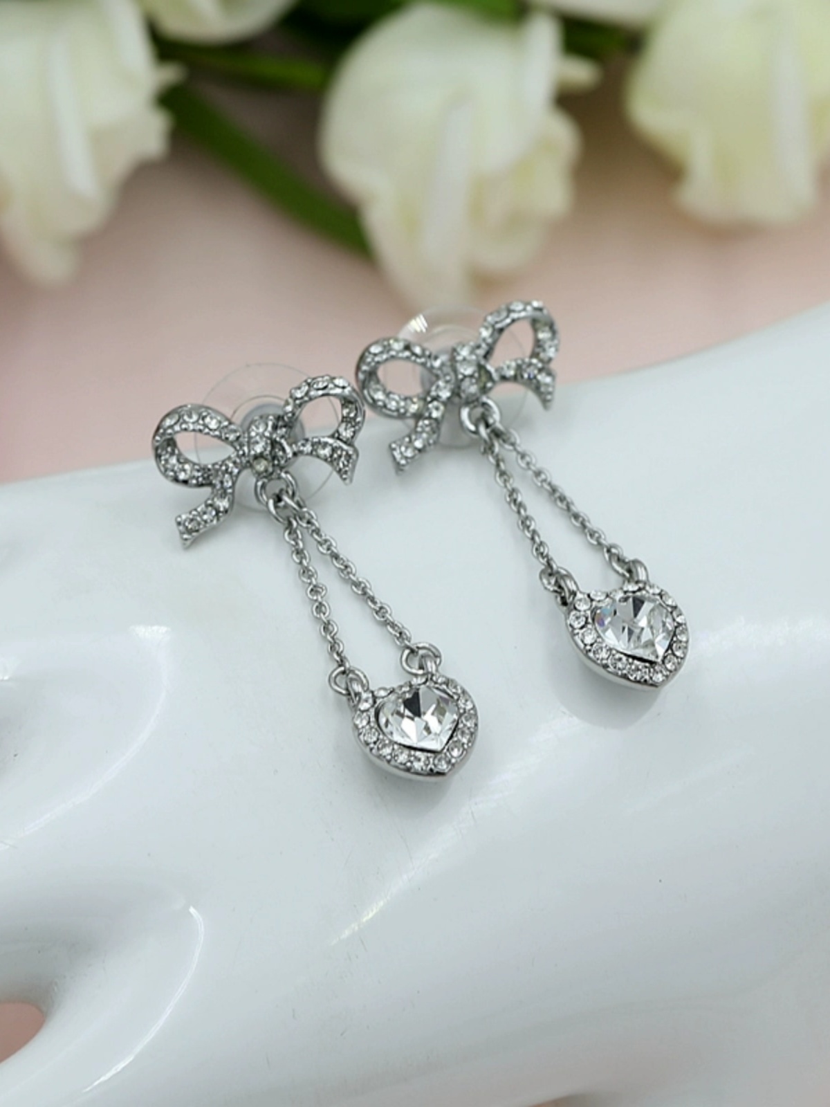 925 Silver Bowknot Stud Earrings with Heart Design, Hypoallergenic Full Diamond Hollowed-Out Jewelry for Women 925 Silver Bowknot Stud Earrings with Heart Design, Hypoallergenic Full Diamond Hollowed-Out Jewelry for Women