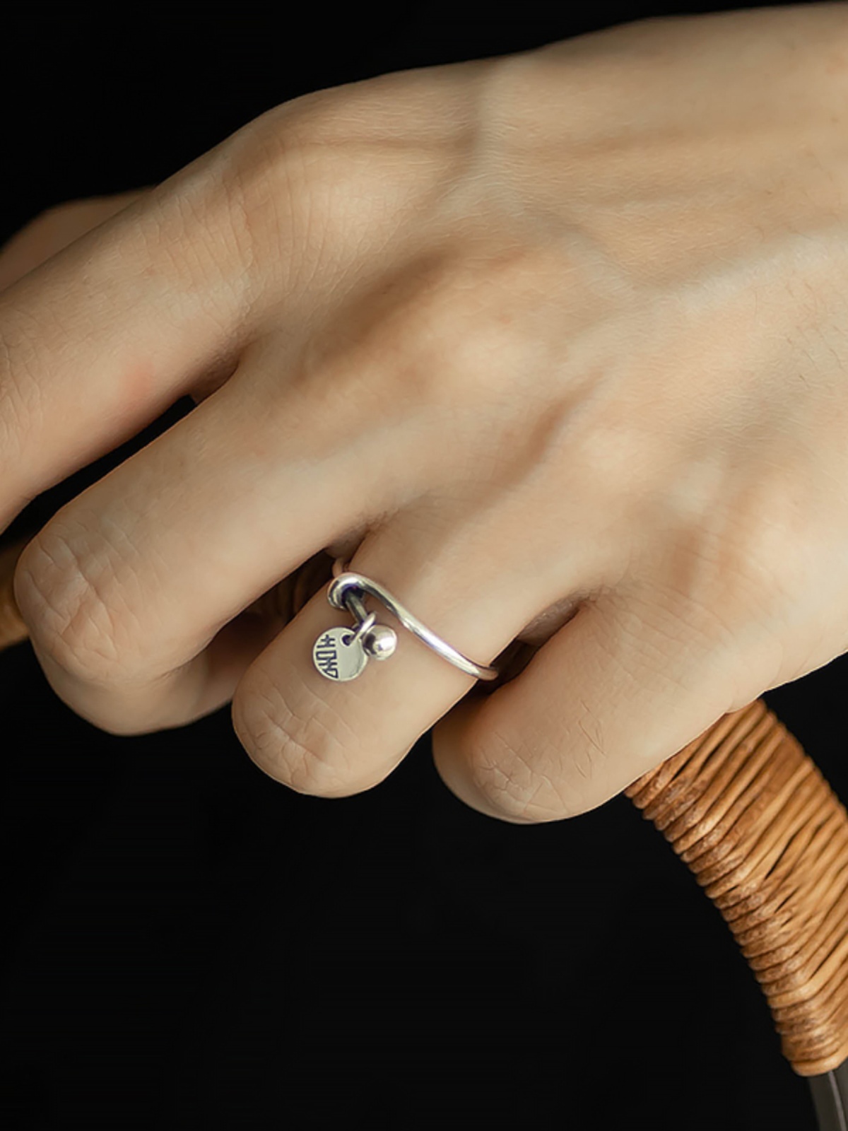 925 Sterling Silver Joy Character Round Pendant Adjustable Open Ring Vintage National Style Couple Gift for Celebrating Good News 925 Sterling Silver Joy Character Round Pendant Adjustable Open Ring Vintage National Style Couple Gift for Celebrating Good News