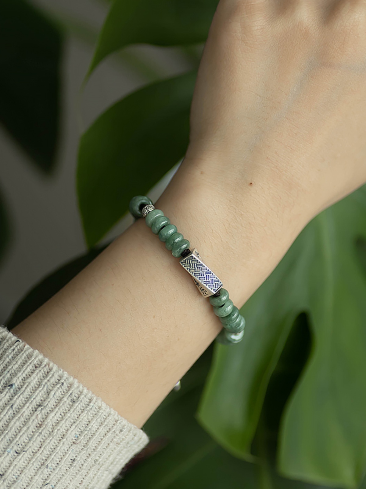925 Sterling Silver Natural Jade Round Bead Bracelet - Vintage Woven Retro Style Women's Accessory for Peace and Joy 925 Sterling Silver Natural Jade Round Bead Bracelet - Vintage Woven Retro Style Women's Accessory for Peace and Joy