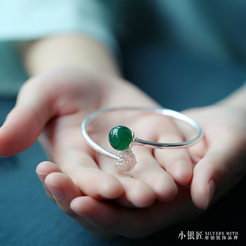 925 Sterling Silver Open-Ended Ruyi Bracelet for Women with Natural Green Agate Crystal - Simple Elegant Longevity Design 925 Sterling Silver Open-Ended Ruyi Bracelet for Women with Natural Green Agate Crystal - Simple Elegant Longevity Design