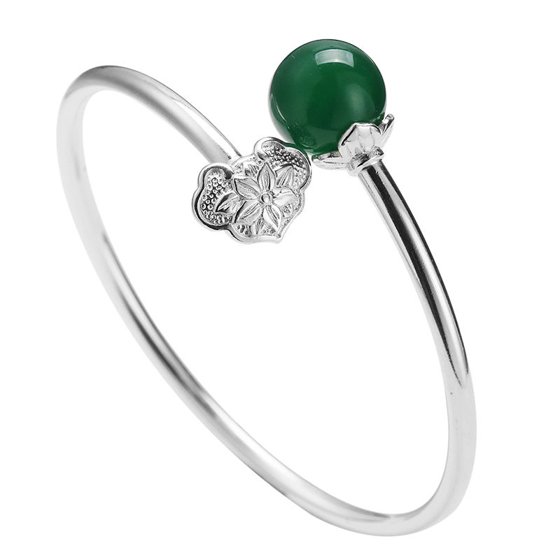 925 Sterling Silver Open-Ended Ruyi Bracelet for Women with Natural Green Agate Crystal - Simple Elegant Longevity Design 925 Sterling Silver Open-Ended Ruyi Bracelet for Women with Natural Green Agate Crystal - Simple Elegant Longevity Design