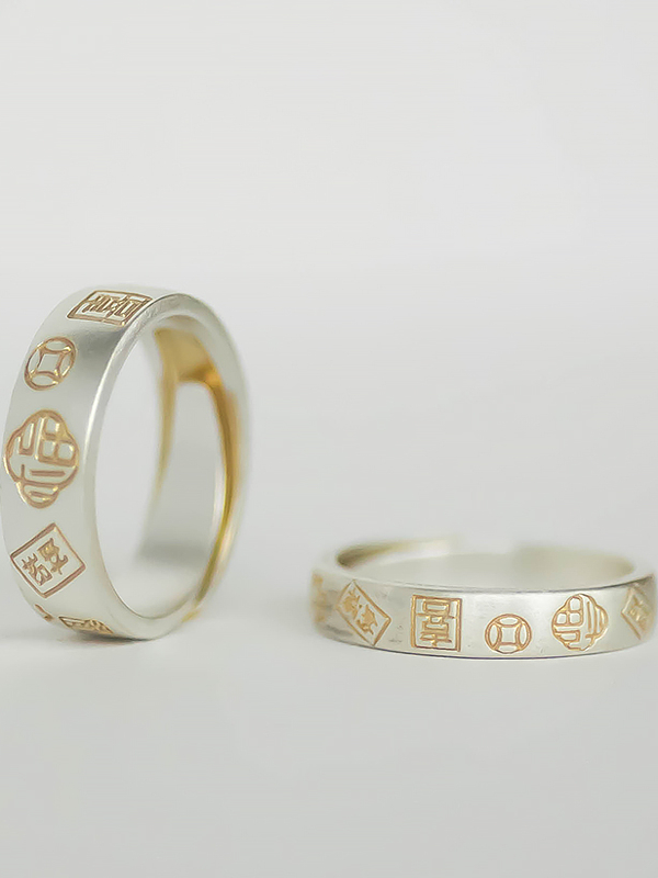 9999 Foot Silver Gold-Plated Open Wide Band Ring for Men and Women - Light Luxury Couple Jewelry