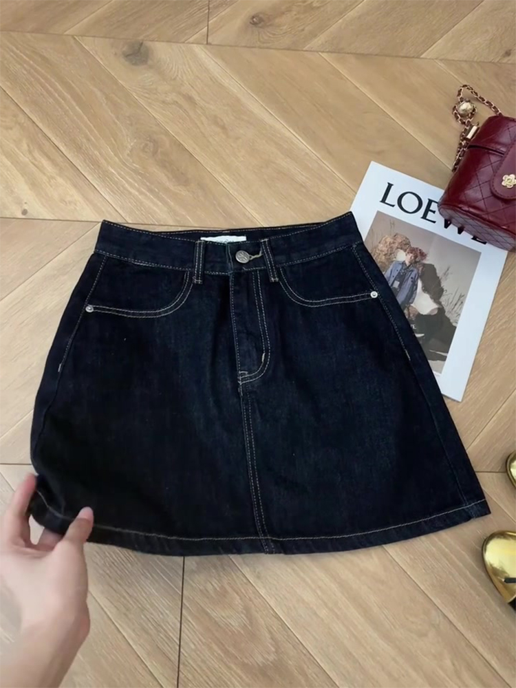 A-Line Denim Mini Skirt with Back Pocket Heart Embroidery - Summer Vintage Korean Style, Versatile Fashion Essential A-Line Denim Mini Skirt with Back Pocket Heart Embroidery - Summer Vintage Korean Style, Versatile Fashion Essential