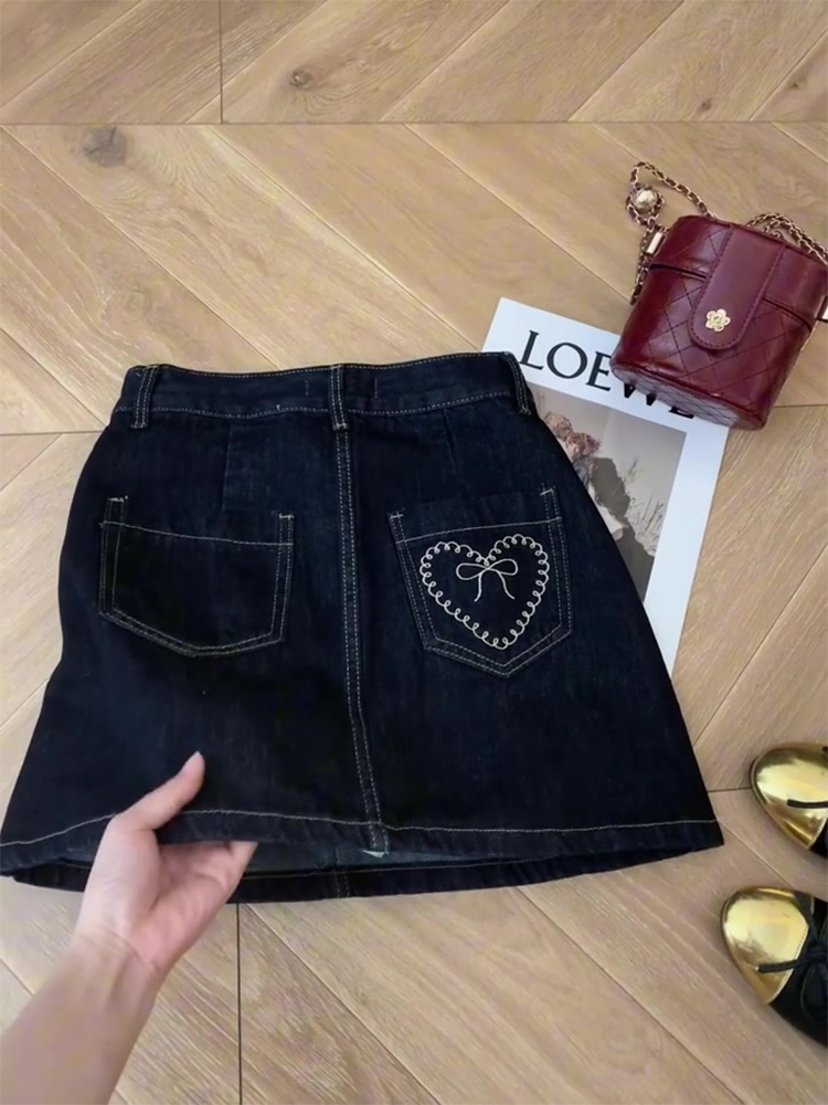 A-Line Denim Mini Skirt with Back Pocket Heart Embroidery - Summer Vintage Korean Style, Versatile Fashion Essential