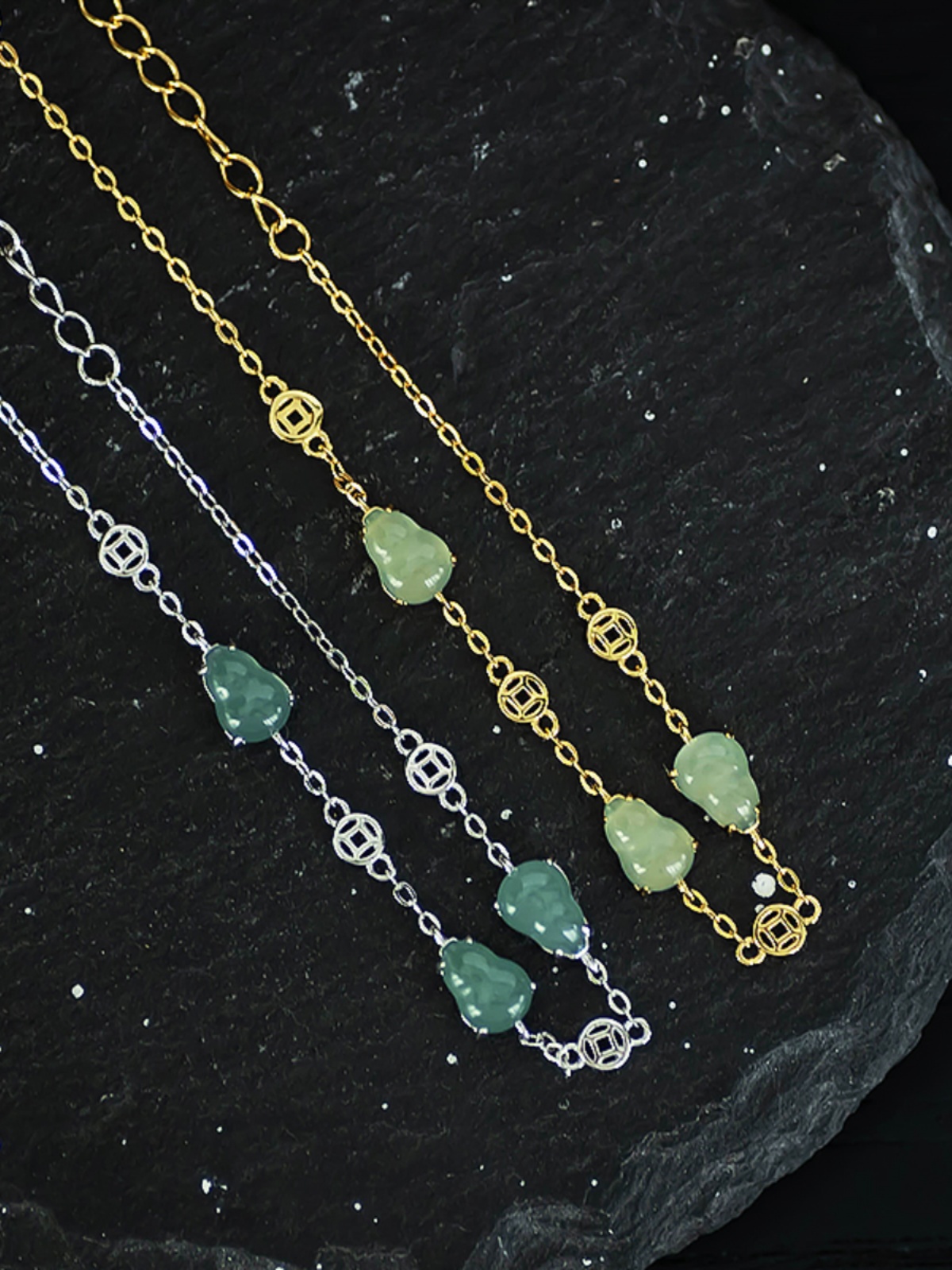 Adjustable 925 Silver Copper Coin Gourd Jade Bracelet - Chinese Style, Gold-Plated, Versatile Gift for Any Occasion Adjustable 925 Silver Copper Coin Gourd Jade Bracelet - Chinese Style, Gold-Plated, Versatile Gift for Any Occasion