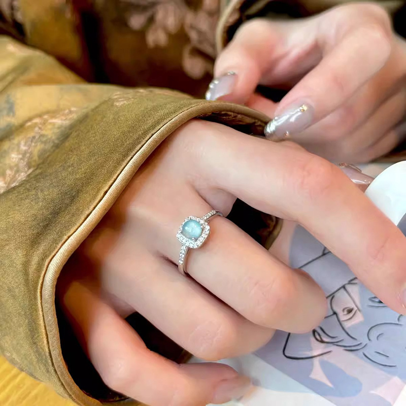 Adjustable Blue Water Jade Ring for Women, Open Design, Light Luxury High-End, 2025 New Chinese Style Jewelry