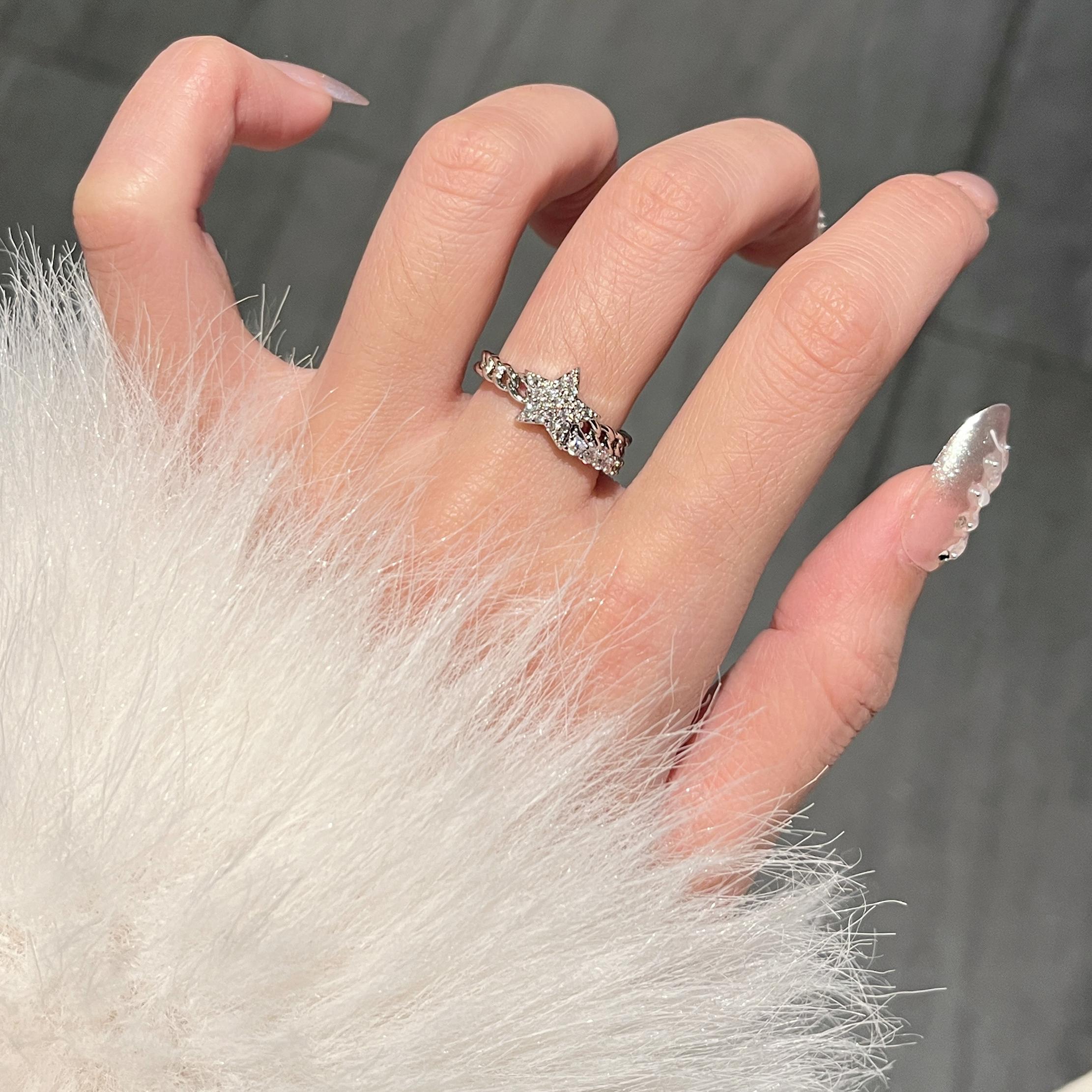 Adjustable Diamond-Studded Five-Pointed Star Ring for Women - Korean Style, Light Luxury, Trendy & Cool Niche Design Adjustable Diamond-Studded Five-Pointed Star Ring for Women - Korean Style, Light Luxury, Trendy & Cool Niche Design