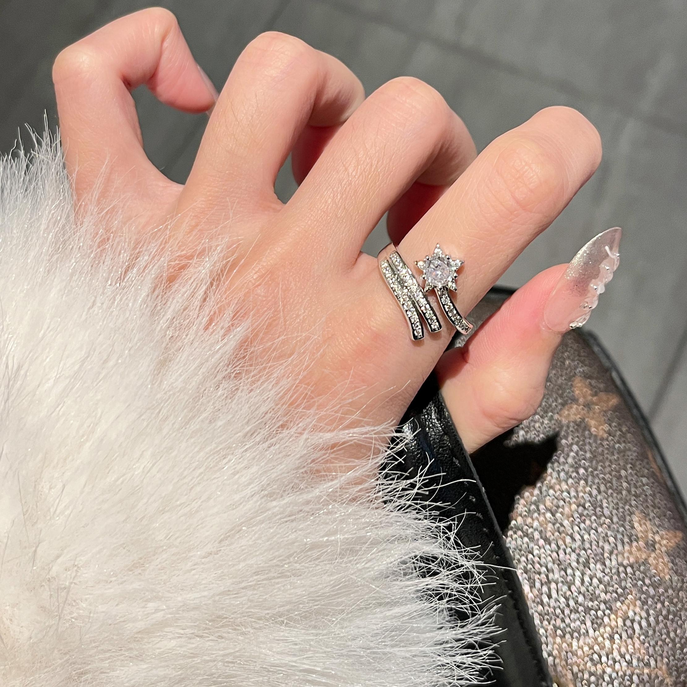 Adjustable Diamond-Studded Five-Pointed Star Ring for Women - Korean Style, Light Luxury, Trendy & Cool Niche Design