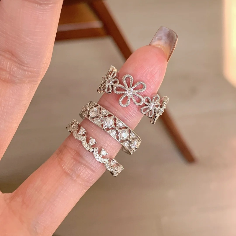 Adjustable Lace Hollow Five-Petal Flower Ring for Women - Japanese & Korean Style, Simple Versatile Design, Sweet Niche Jewelry