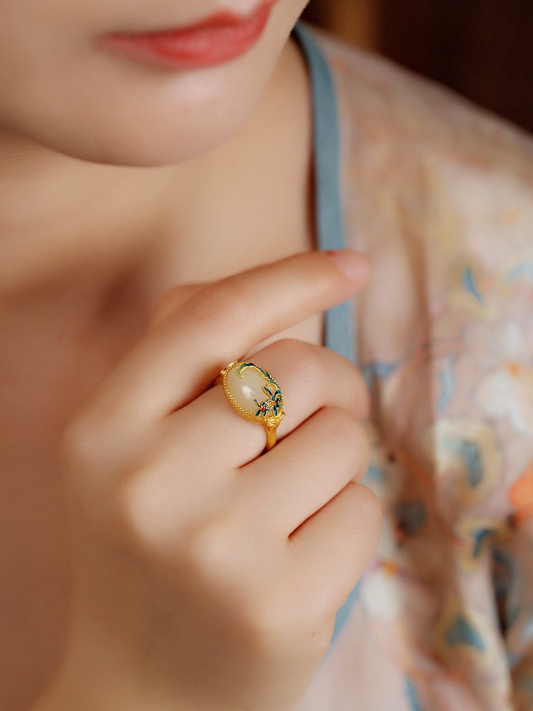 Adjustable Silver Ring with Natural Hetian Jade and Gold Inlay, Elegant Women's Jewelry, High-End National Style, 18K Gold-Plated Adjustable Silver Ring with Natural Hetian Jade and Gold Inlay, Elegant Women's Jewelry, High-End National Style, 18K Gold-Plated