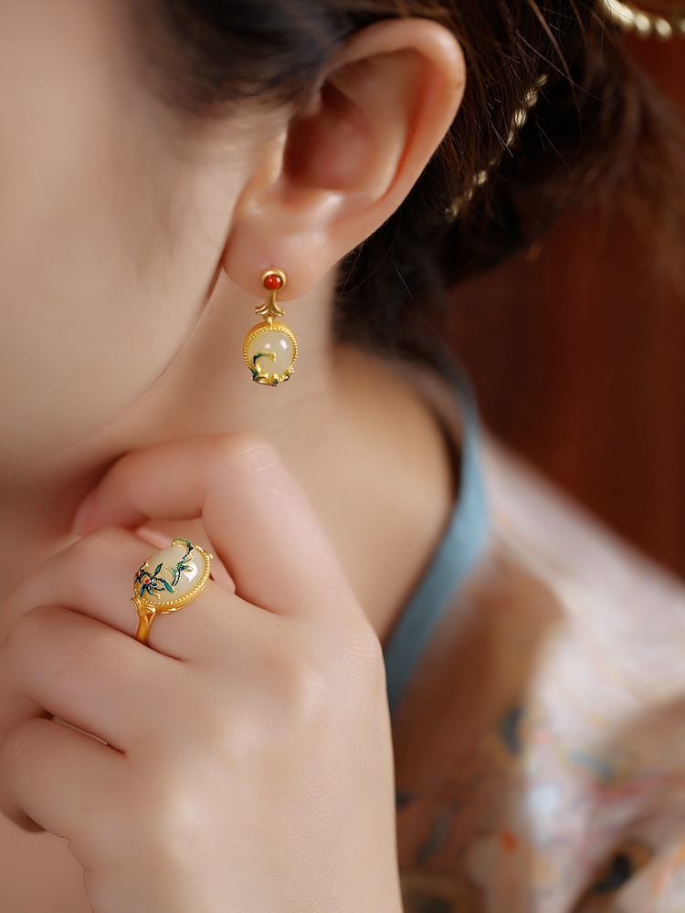 Adjustable Silver Ring with Natural Hetian Jade and Gold Inlay, Elegant Women's Jewelry, High-End National Style, 18K Gold-Plated Adjustable Silver Ring with Natural Hetian Jade and Gold Inlay, Elegant Women's Jewelry, High-End National Style, 18K Gold-Plated