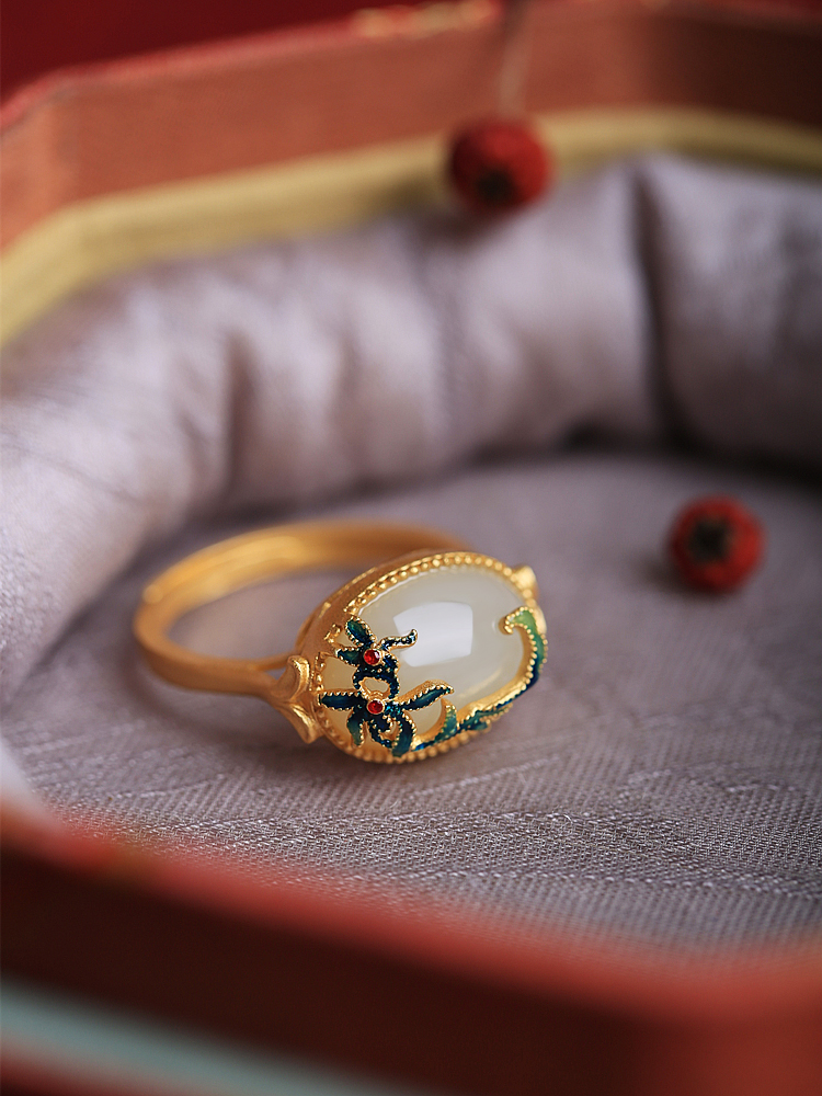 Adjustable Silver Ring with Natural Hetian Jade and Gold Inlay, Elegant Women's Jewelry, High-End National Style, 18K Gold-Plated