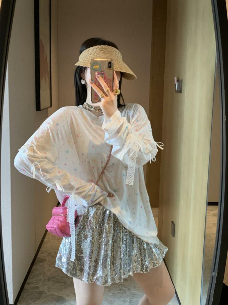 Age-Defying Lightweight Long Sleeve T-Shirt with 3D Bow, Cute Sweet and Spicy Design, Sun Protection, Trendy Fashion Top Age-Defying Lightweight Long Sleeve T-Shirt with 3D Bow, Cute Sweet and Spicy Design, Sun Protection, Trendy Fashion Top