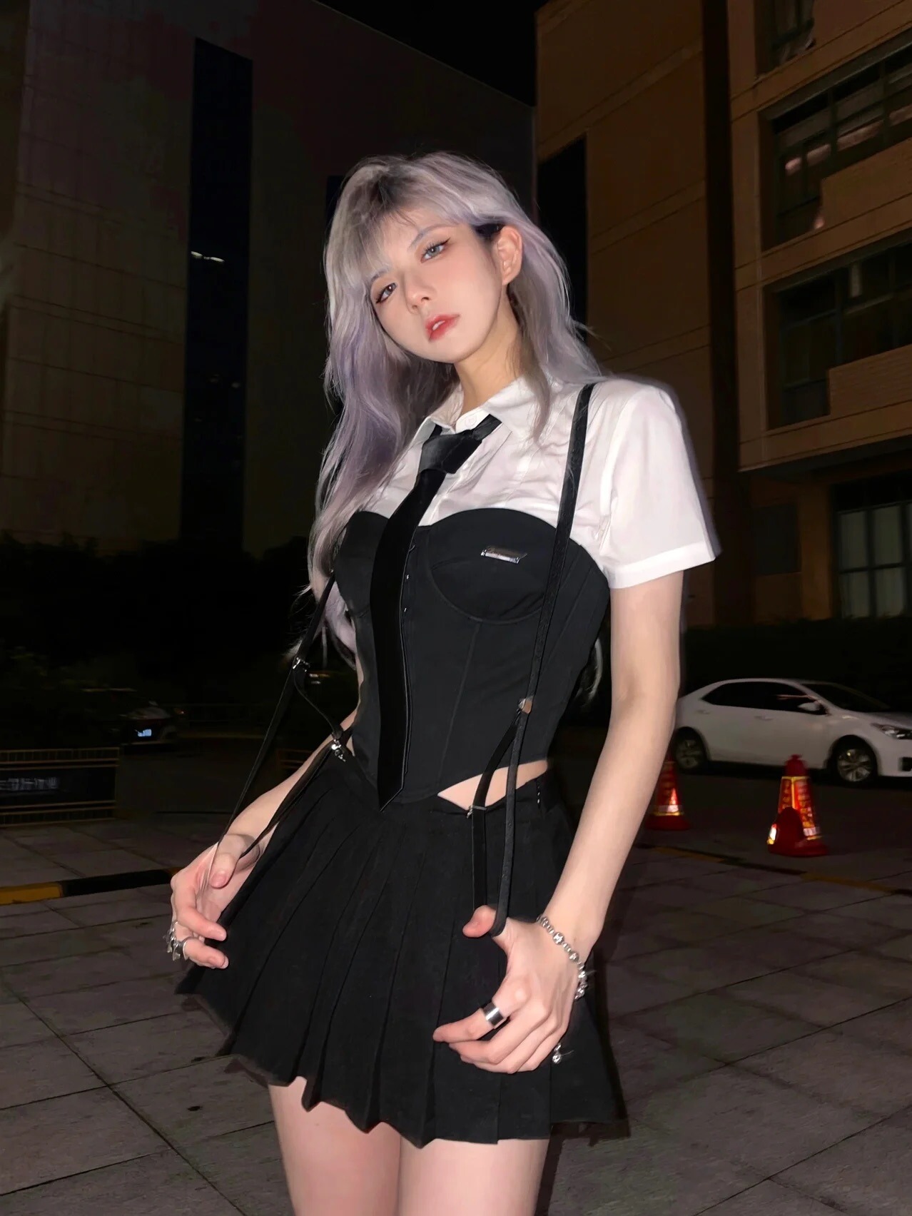 American College Style Sexy JK Uniform Set with Fishbone Waist-Cinching Shirt, Suspenders & Pleated Skirt - Trendy Women's 3-Piece Outfit