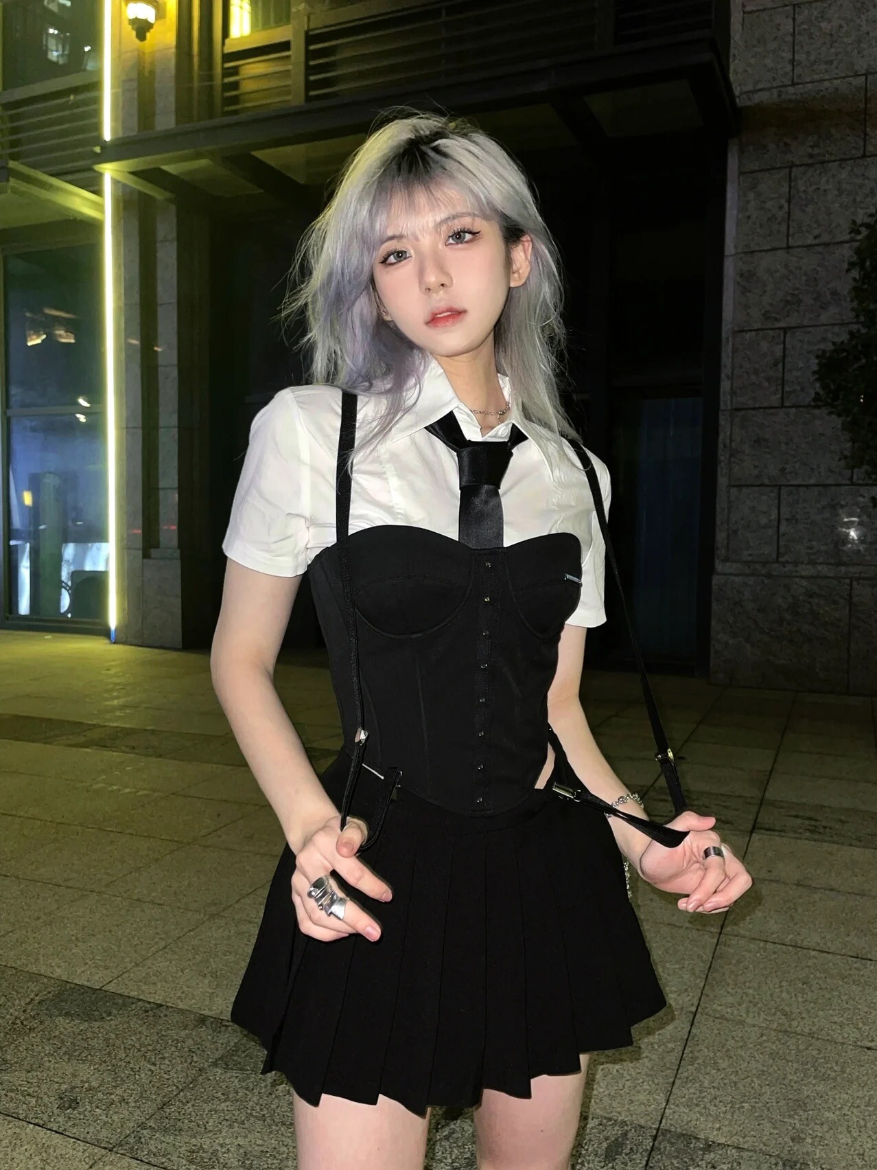 American College Style Sexy JK Uniform Set with Fishbone Waist-Cinching Shirt, Suspenders & Pleated Skirt - Trendy Women's 3-Piece Outfit