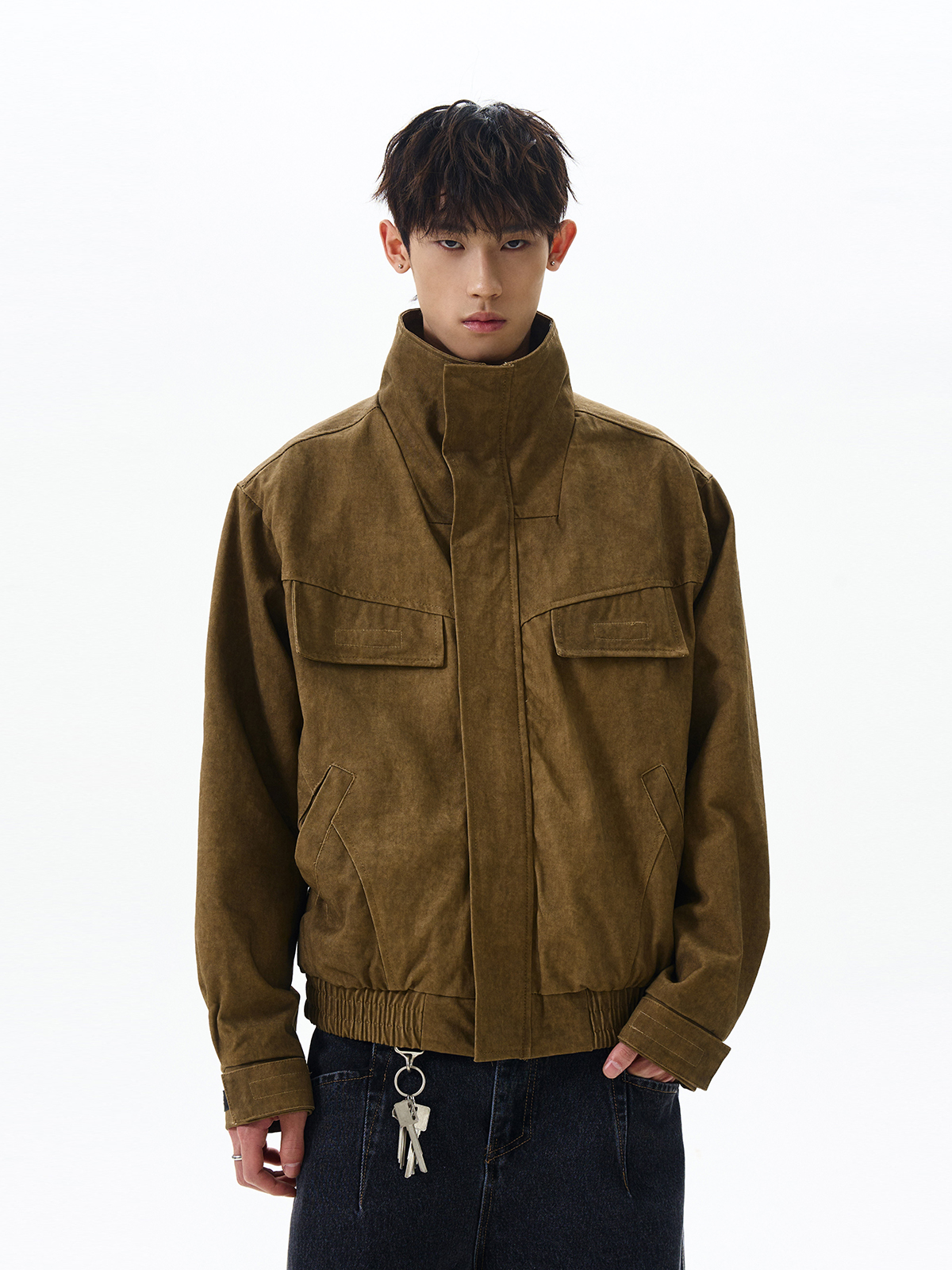 American Retro Barn-Style Distressed Stand-Collar Jacket - Trendy Cleanfit Short Silhouette Versatile Thin Outerwear American Retro Barn-Style Distressed Stand-Collar Jacket - Trendy Cleanfit Short Silhouette Versatile Thin Outerwear