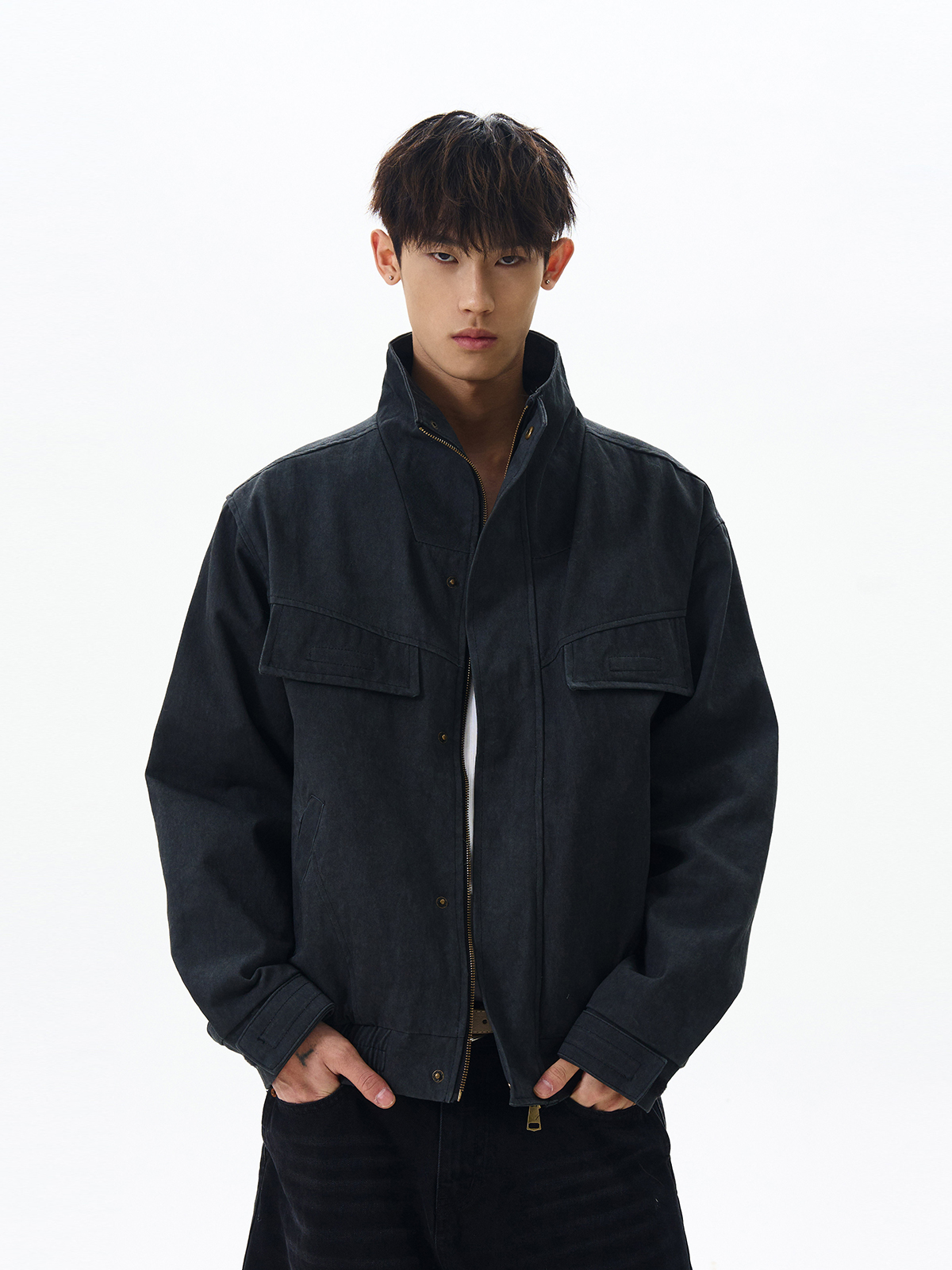 American Retro Barn-Style Distressed Stand-Collar Jacket - Trendy Cleanfit Short Silhouette Versatile Thin Outerwear American Retro Barn-Style Distressed Stand-Collar Jacket - Trendy Cleanfit Short Silhouette Versatile Thin Outerwear