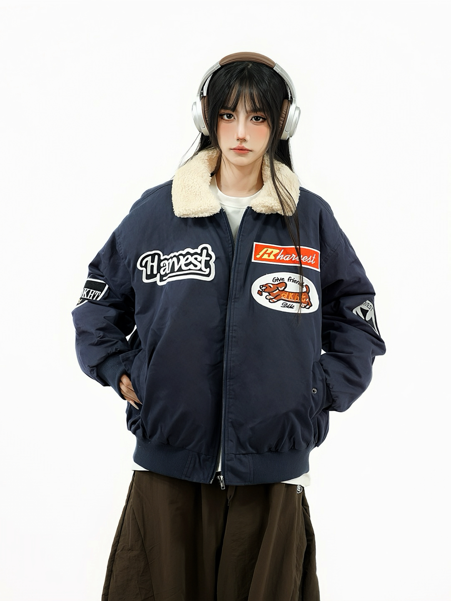 American Retro Design Quilted Thick Jacket with Lamb Fleece Collar for Women â€“ Stylish Winter Coat for Couples