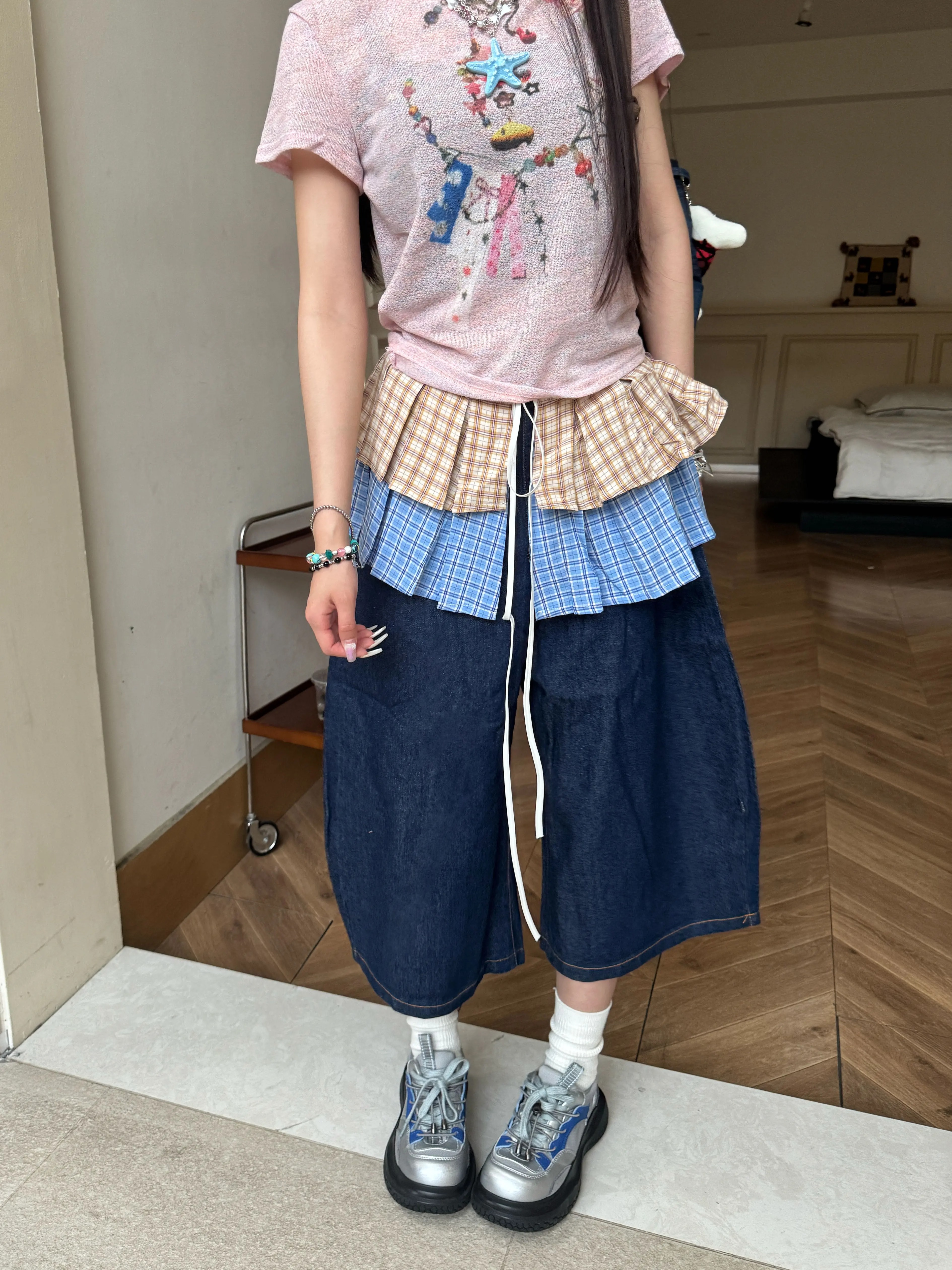 American Retro Detachable Plaid Culottes Color-Blocked Three-Quarter Wide-Leg Summer Denim Shorts