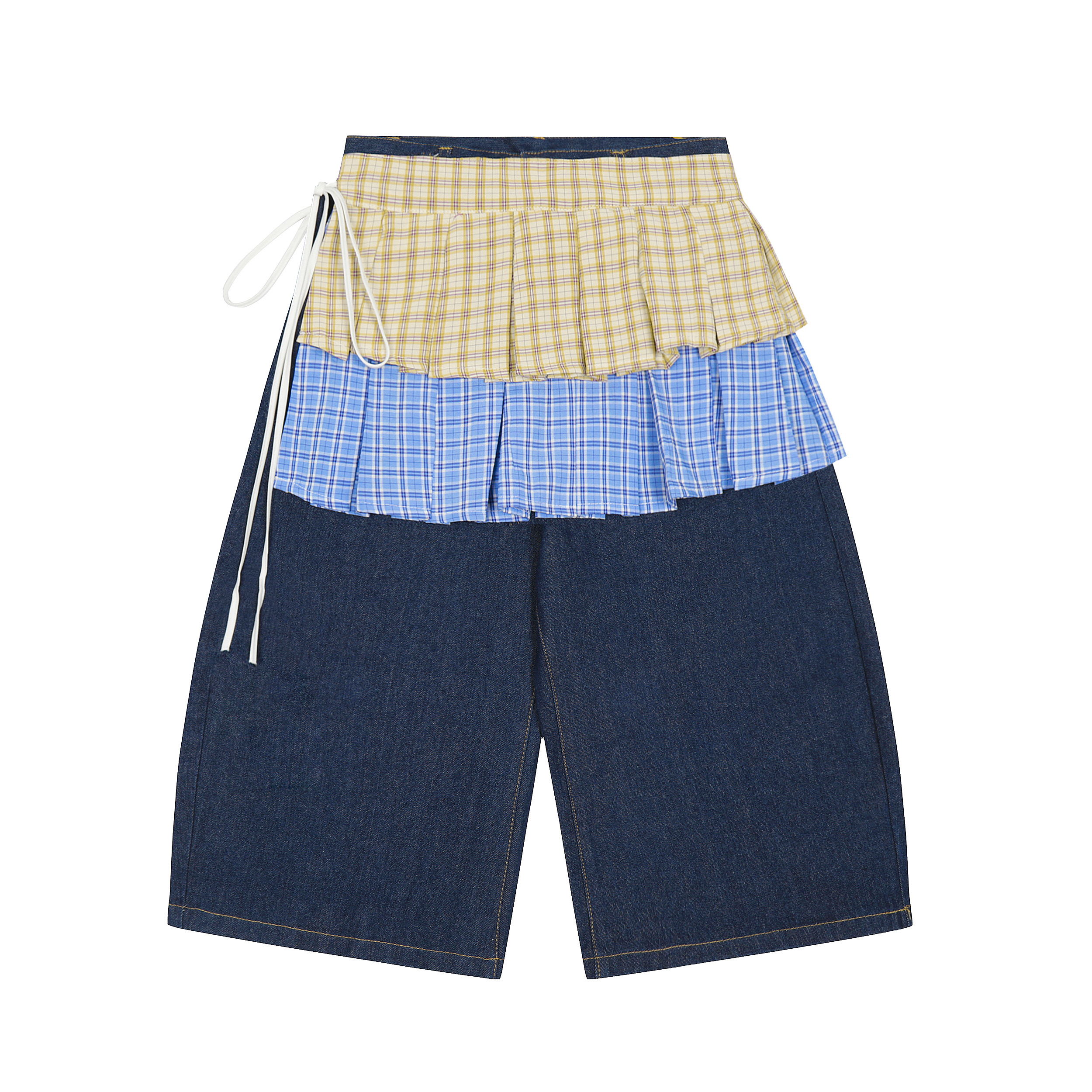 American Retro Detachable Plaid Culottes Color-Blocked Three-Quarter Wide-Leg Summer Denim Shorts