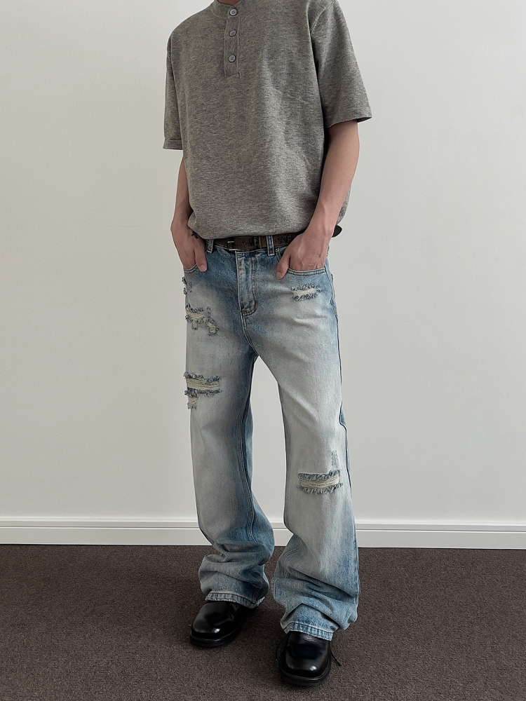 American Retro Distressed Ripped Jeans for Men - Clean Fit Straight Leg Slightly Flared Stylish Pants, 90s Vintage Inspired Fashion American Retro Distressed Ripped Jeans for Men - Clean Fit Straight Leg Slightly Flared Stylish Pants, 90s Vintage Inspired Fashion