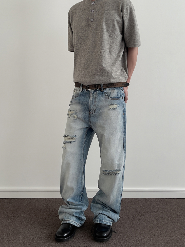 American Retro Distressed Ripped Jeans for Men - Clean Fit Straight Leg Slightly Flared Stylish Pants, 90s Vintage Inspired Fashion American Retro Distressed Ripped Jeans for Men - Clean Fit Straight Leg Slightly Flared Stylish Pants, 90s Vintage Inspired Fashion