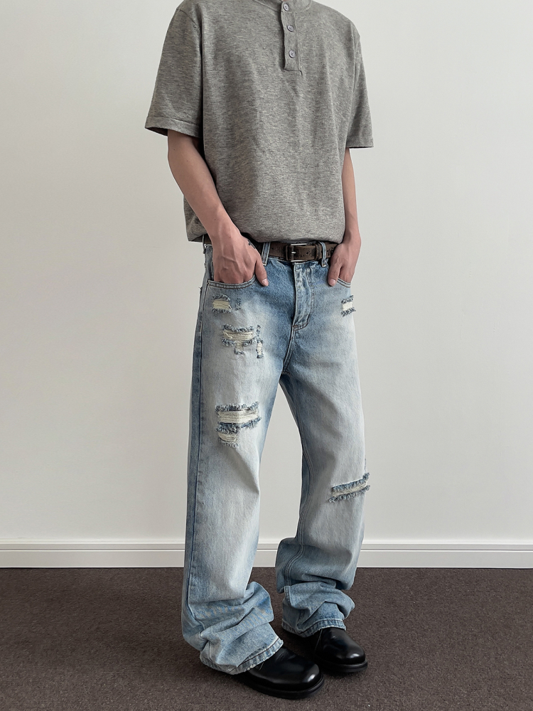 American Retro Distressed Ripped Jeans for Men - Clean Fit Straight Leg Slightly Flared Stylish Pants, 90s Vintage Inspired Fashion American Retro Distressed Ripped Jeans for Men - Clean Fit Straight Leg Slightly Flared Stylish Pants, 90s Vintage Inspired Fashion