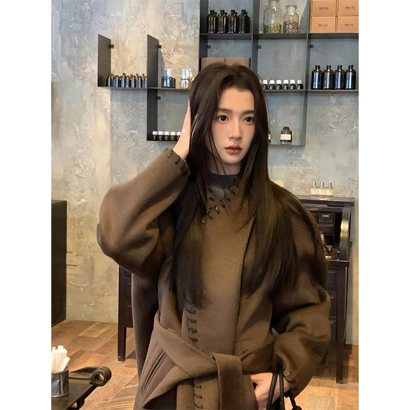 American Retro Double-Sided Wool Coat with Stand Collar - Fashionable Lazy Style Jacket for Effortless Chic Looks