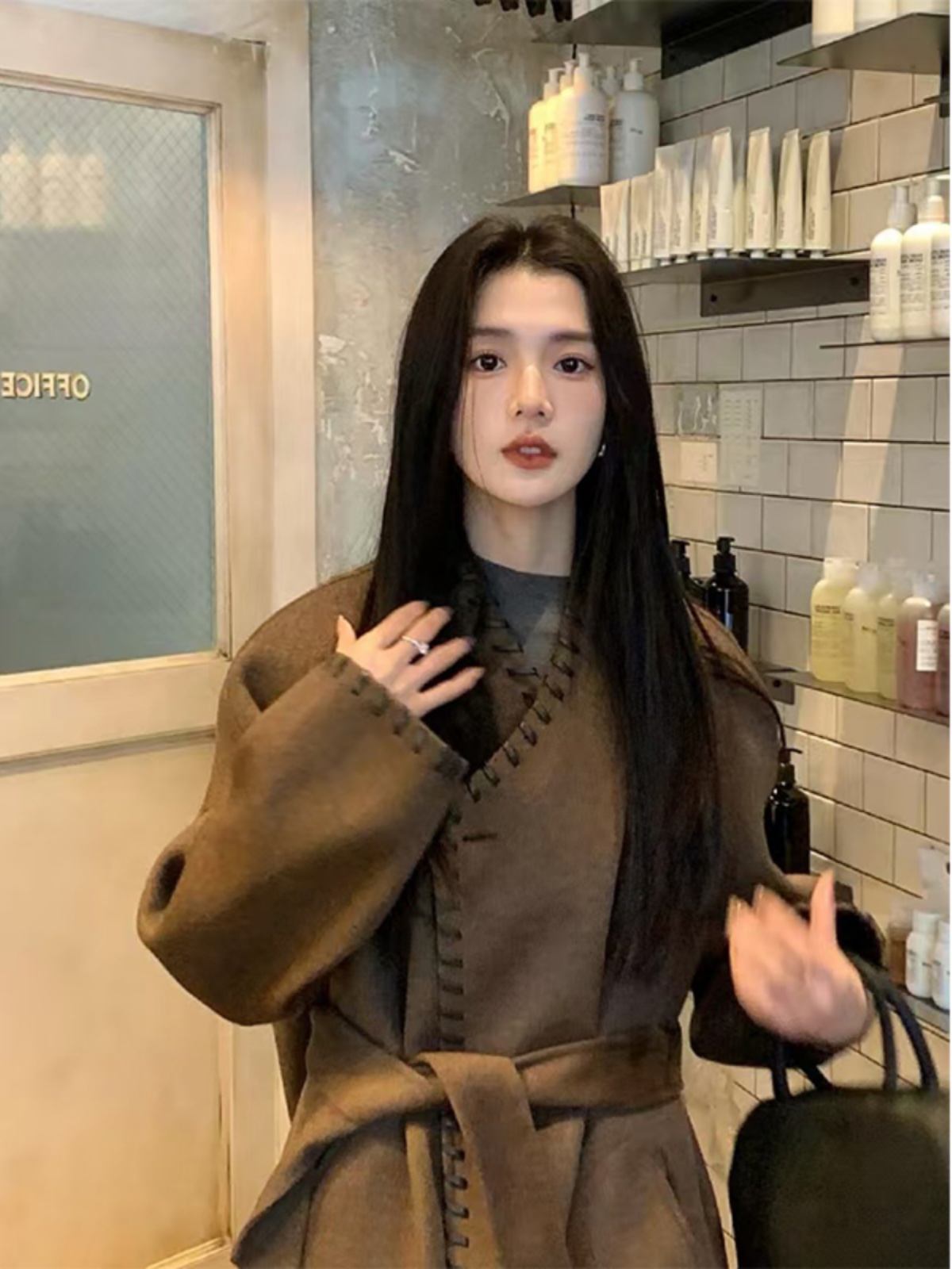 American Retro Double-Sided Wool Coat with Stand Collar - Fashionable Lazy Style Jacket for Effortless Chic Looks