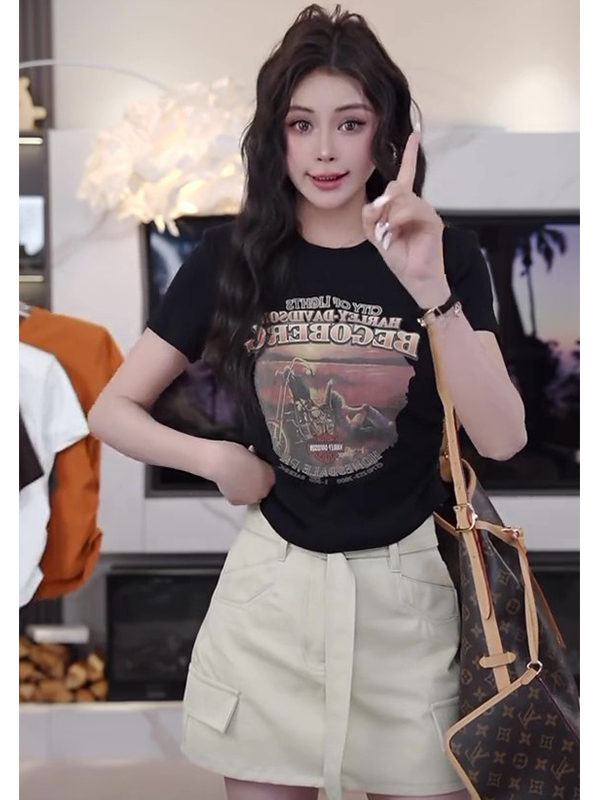 American Retro Letter Print Cropped T-Shirt for Women, Short Sleeve Ruched Waist Top, Summer 90s Style Fashion American Retro Letter Print Cropped T-Shirt for Women, Short Sleeve Ruched Waist Top, Summer 90s Style Fashion