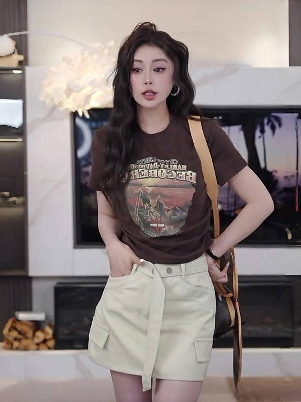 American Retro Letter Print Cropped T-Shirt for Women, Short Sleeve Ruched Waist Top, Summer 90s Style Fashion