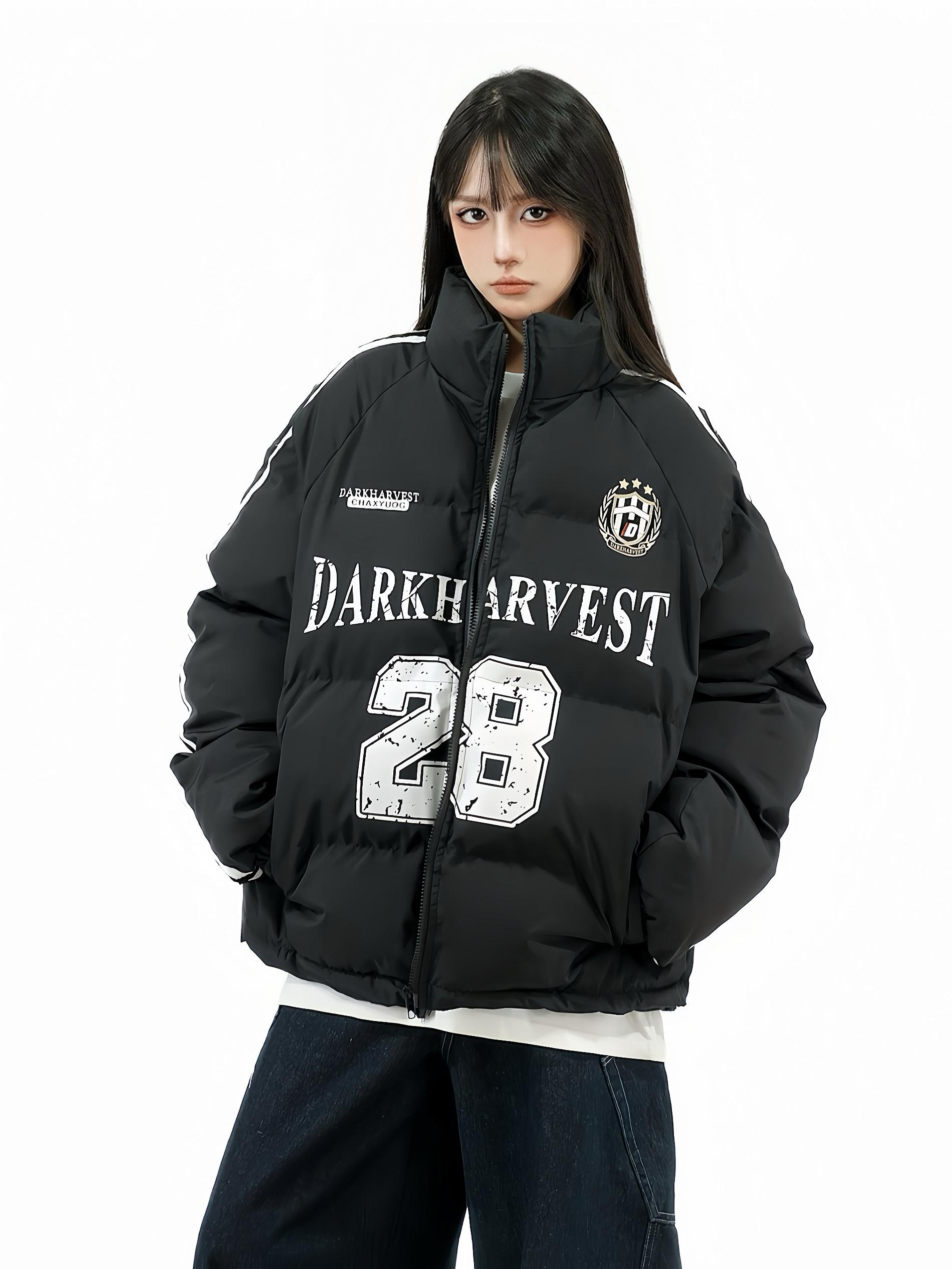 American Retro Letter Print Stand Collar Thickened Puffer Jacket for Winter - Trendy Cotton Coat with 90s Vibes