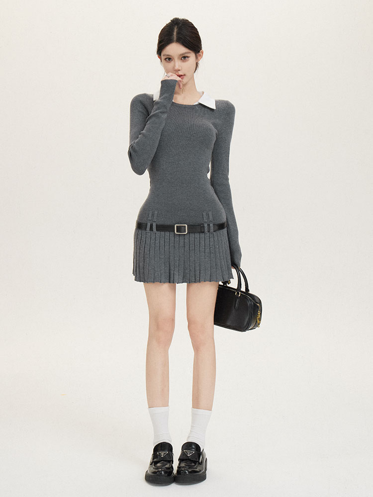 American Retro Two-Piece Shirt Collar Dress with Pleated Skirt - Slim Fit College Style Fashion American Retro Two-Piece Shirt Collar Dress with Pleated Skirt - Slim Fit College Style Fashion