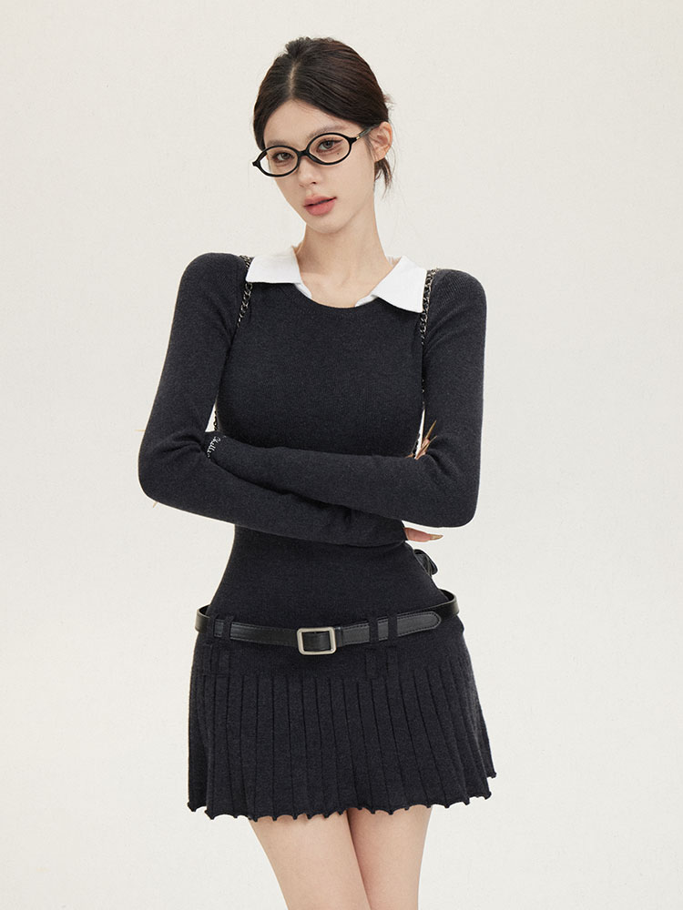 American Retro Two-Piece Shirt Collar Dress with Pleated Skirt - Slim Fit College Style Fashion American Retro Two-Piece Shirt Collar Dress with Pleated Skirt - Slim Fit College Style Fashion