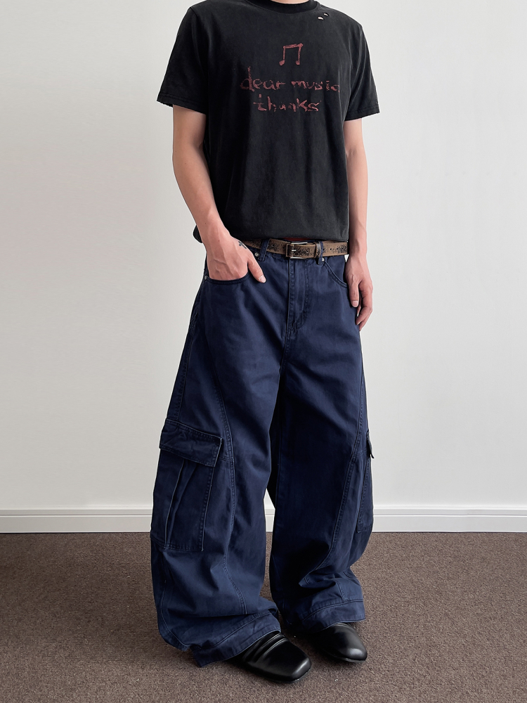 American Vintage Baggy Deconstructed Distressed Work Pants with Large Pockets - Old Money Style Loose Curved Blade Casual Trousers